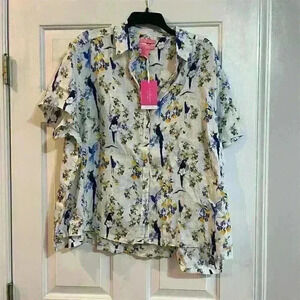 Isaac Mizrahi Women's 2XL Floral Linen Button-Up Shirt Multicolor